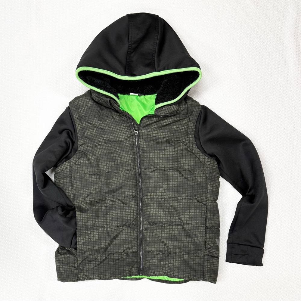 Old Navy Hybrid Hoodie Jacket Boys M 8 Black and Green Hooded Puffer Jacket